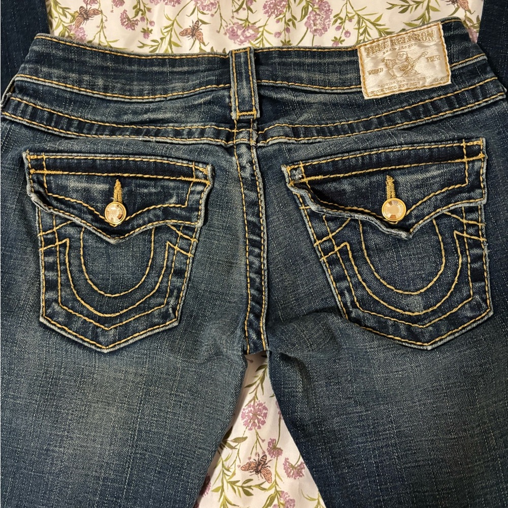 Vintage True Religion navy blue bootcut jeans with gold stitching and buttons